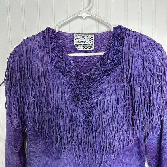 Vtg Art Express Purple Tie Dye Knit Sweater One Size Fringe 80s Statement USA - Picture 3 of 13